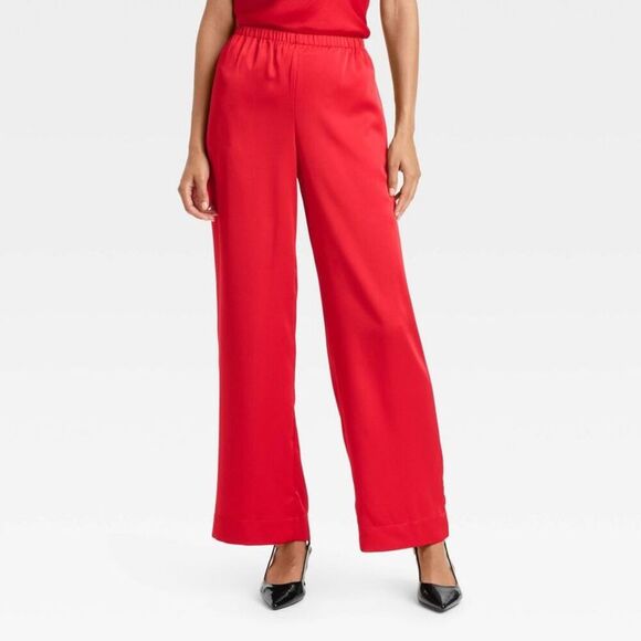 A New Day - Women's Mid-Rise Straight Leg Satin Pull-On Pants  Red - Picture 1 of 4